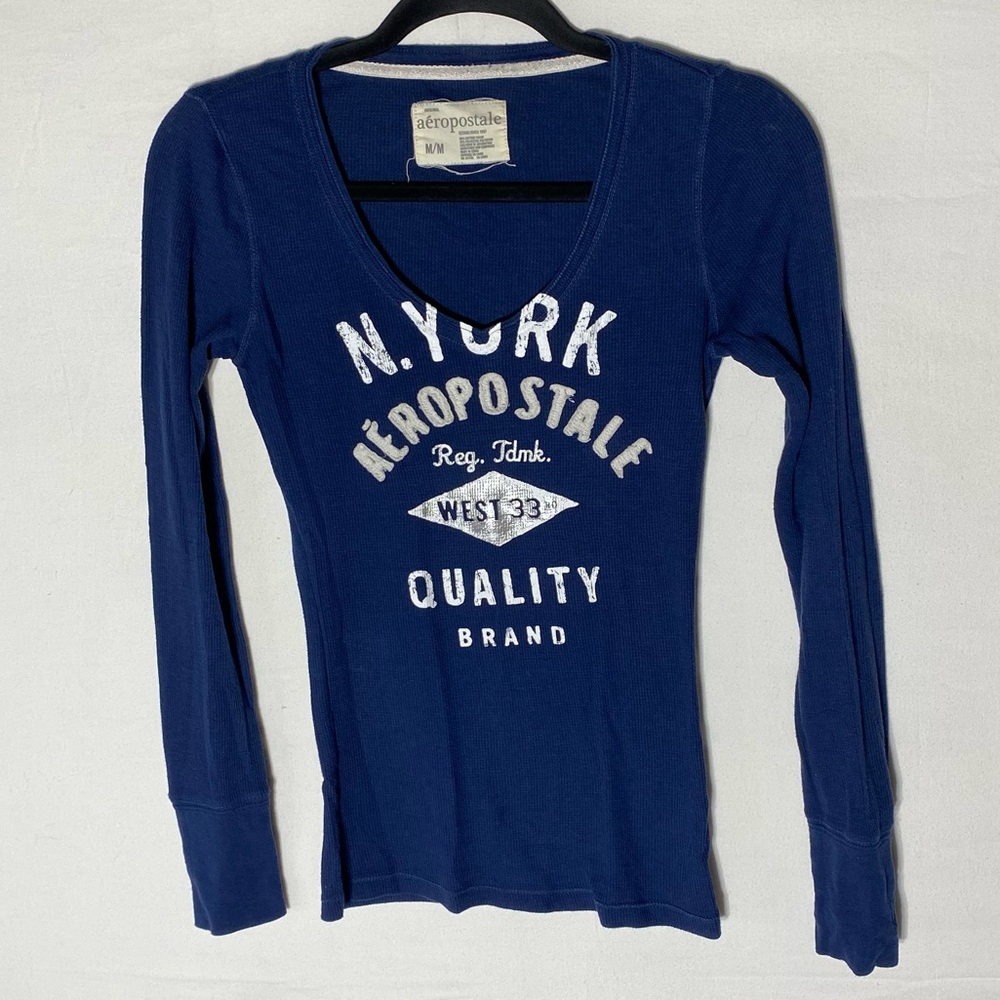 Vintage Y2K Aeropostale Dark Blue Long Sleeve Deep V Neck Ribbed Top M - Picture 15 of 15